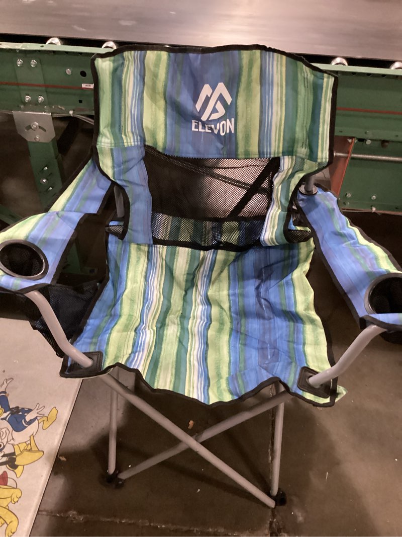 Condition photo showing As Is for (missing canopy) elevon camping chair, oversized folding chair with canopy, portable outdoor chair with arms, cup holder and carry bag for camping, fishing, beach, and sports, multi-color