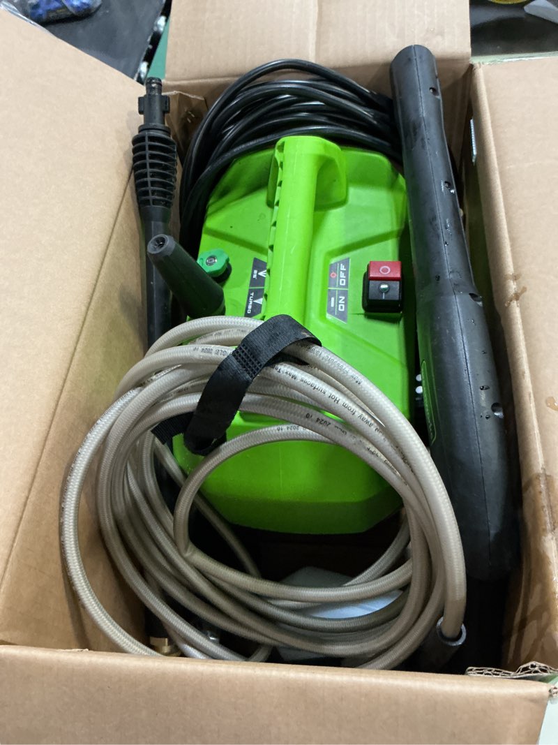 Condition photo showing As Is for greenworks 1800 psi 1.2-gpm cold water electric pressure washer with 2 spray tips
