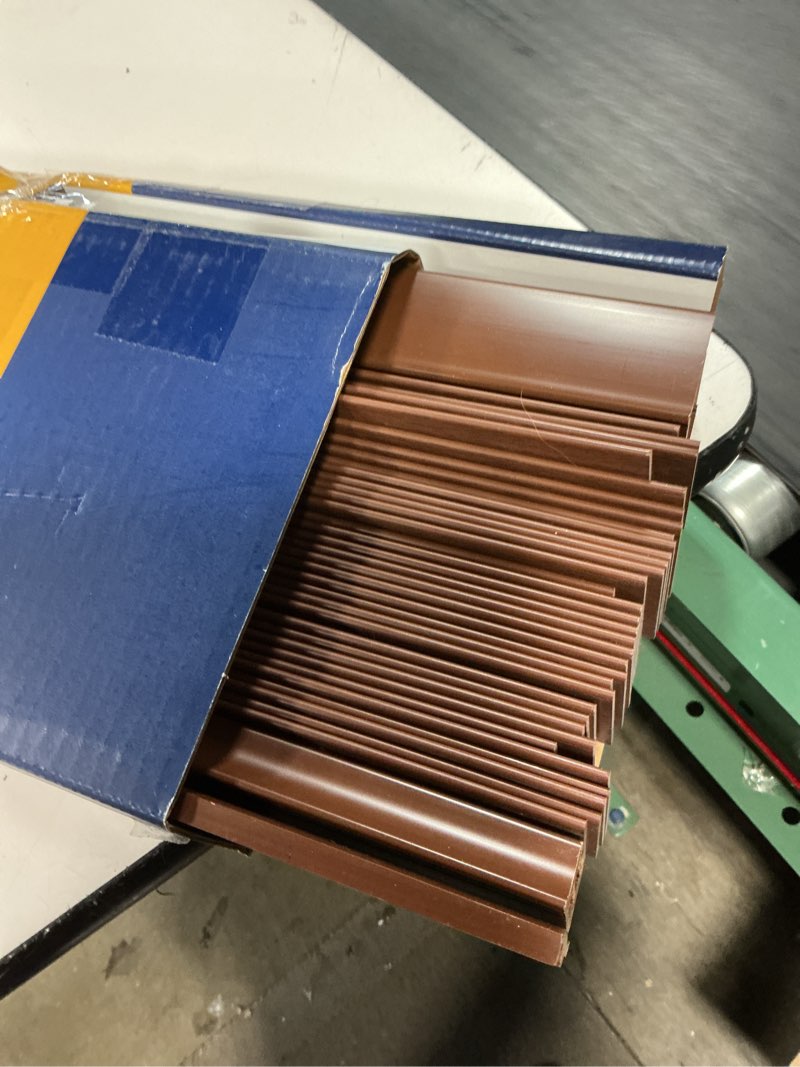 Condition photo showing As Is for levolor trim+go 2-in slat width 27-in x 64-in cordless walnut faux wood room darkening horizontal blinds