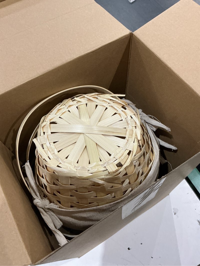 Condition photo showing As Is for yulejo 6 pieces easter woven bamboo basket round small woven basket with handle buckets for easter egg hunt picnic party supplies birthday decoration(plaid)