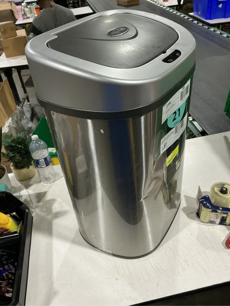 Condition photo showing As Is for nine stars 21.1 gallon trash can, motion sensor touchless kitchen trash can, stainless steel