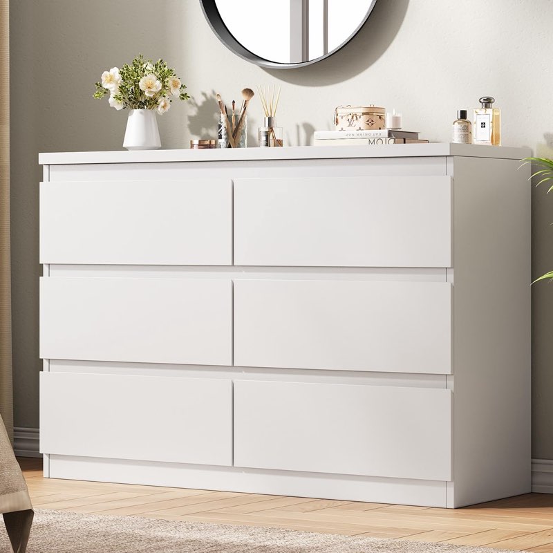 jocoevol white 6 drawer dresser for bedroom, 15.3" d x 47.2" w x 32.3" h in simply modern chest of drawers, wood storage double dresser