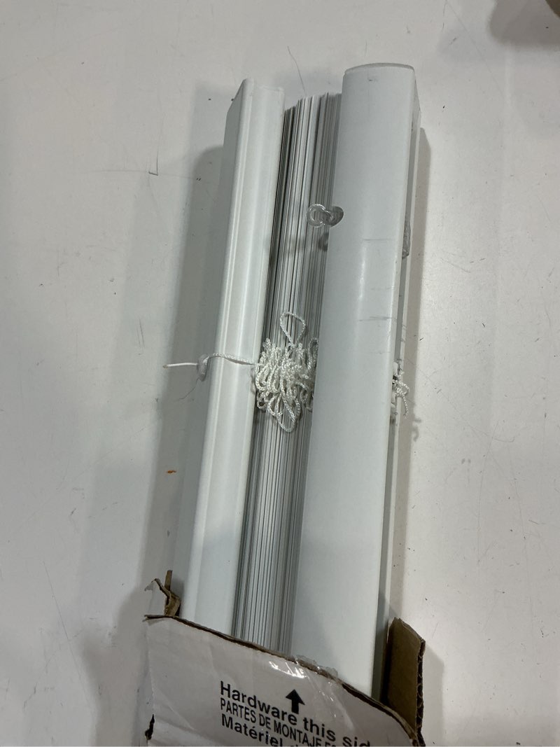 Condition photo showing As Is for project source light filtering 1-in slat width 39-in x 64-in cordless white vinyl light filtering mini-blinds