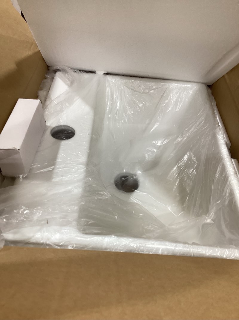 Condition photo showing As Is for wall mounted bathroom vessel sink, qishka 15" x 12" rectangular floating ceramic wash hand basin white wall hung vanity sink for bathroom and cloakroom white 15" x 12" x 4.7"