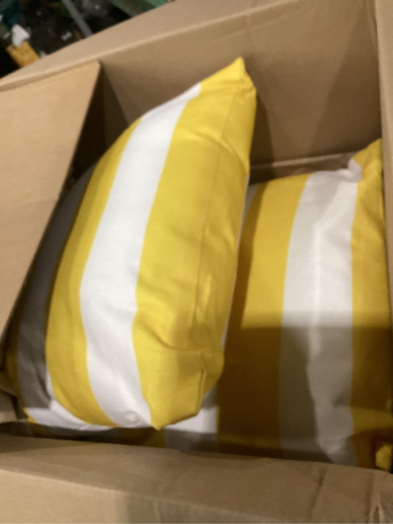 Condition photo showing New/Like New for tiggell 2 pack outdoor throw pillows, waterproof throw pillows with inserts decorative square pillows for home garden patio couch balcony 18x18” stripe yellow and white 18 x 18-inch