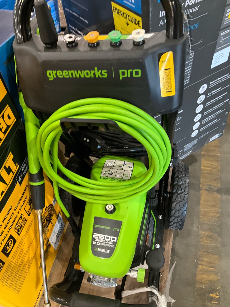 Condition photo showing As Is for greenworks pro 2500 psi electric pressure washer 
