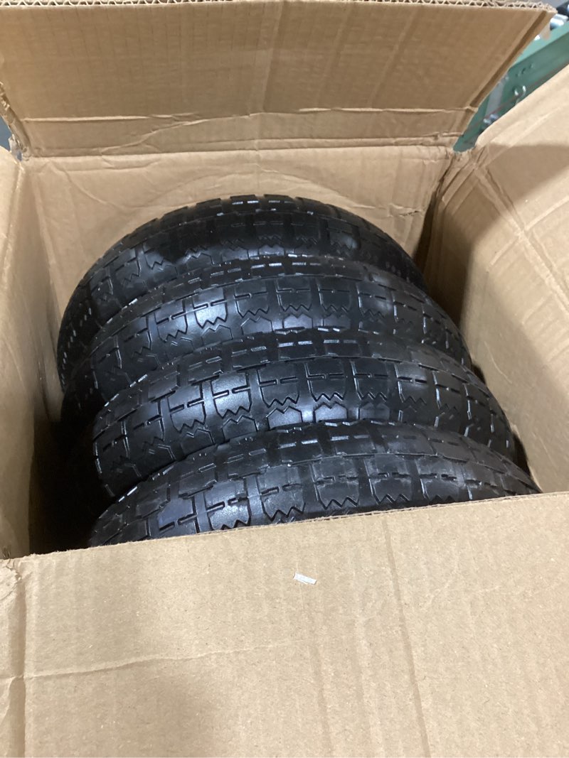 Condition photo showing Good Condition for 13 inch flat free wheels tires 4.00-6 solid replacement with universal 5/8" axle bore hole, 16 spacers and 8 pins, for wheelbarrow, garden wagon, hand truck, trolley, lawn mower, 4 pack 13" - 4p black