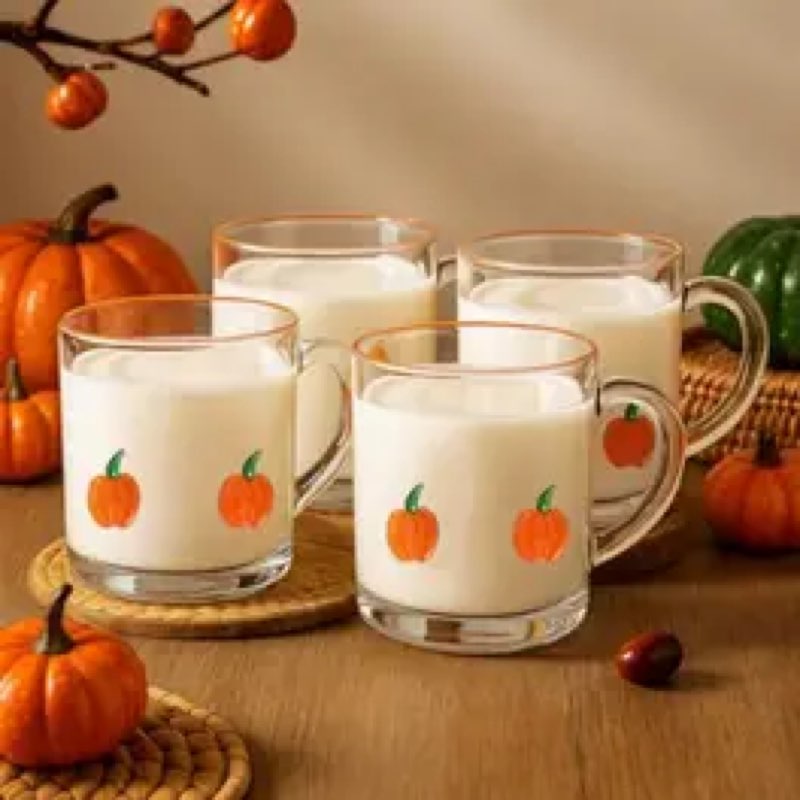 SiliFine 4 Pack Fall Icon Glass Cups 14oz Pumpkin Mug with Handle Clear Drinking Glasses Double Old 