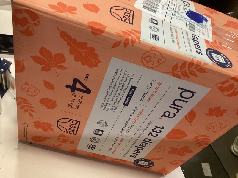 Condition photo showing New/Like New for Pura Size 4 Eco-Friendly Diapers (18-31 lbs) Hypoallergenic, Soft Organic Cotton, Sustainable, up to 12 Hours Leak Protection, Allergy UK, Recyclable Packaging, 6 Packs of 22 (132 Diapers) Size 4 (132 Diapers)