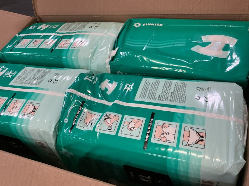 Condition photo showing New/Like New for sunkiss trustplus adult diapers with maximum absorbency, unisex disposable incontinence briefs with tabs for men and women, odor control, leak protection, xlarge, 60 count (4 packs of 15) x-large (pack of 60) maximum