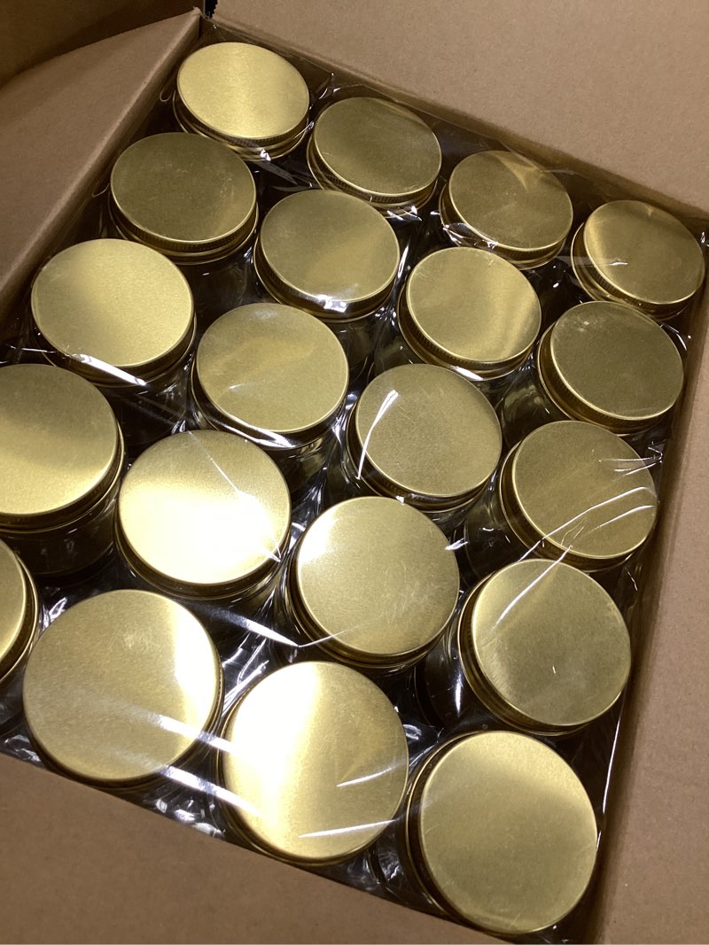 Condition photo showing New/Like New for Tanlade 60 Pcs 3 oz Clear Plastic Jars with Lids Wide Mouth Mason Jars Mini Storage Containers Bulk for Herb Jelly Wedding Valentine Favors Shower Party Favors(Gold)