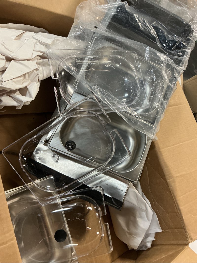 Condition photo showing As Is for BELLA 4.5 Quart Triple Electric Buffet Server, Food Warming Tray & Slow Cooker - Brushed Stainless Steel Heated Serving Station for Parties & Catering