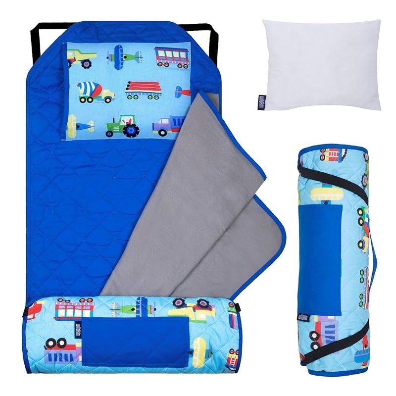 wildkin modern kids nap mat – soft cotton blend with pillow & elastic straps for school & travel - t