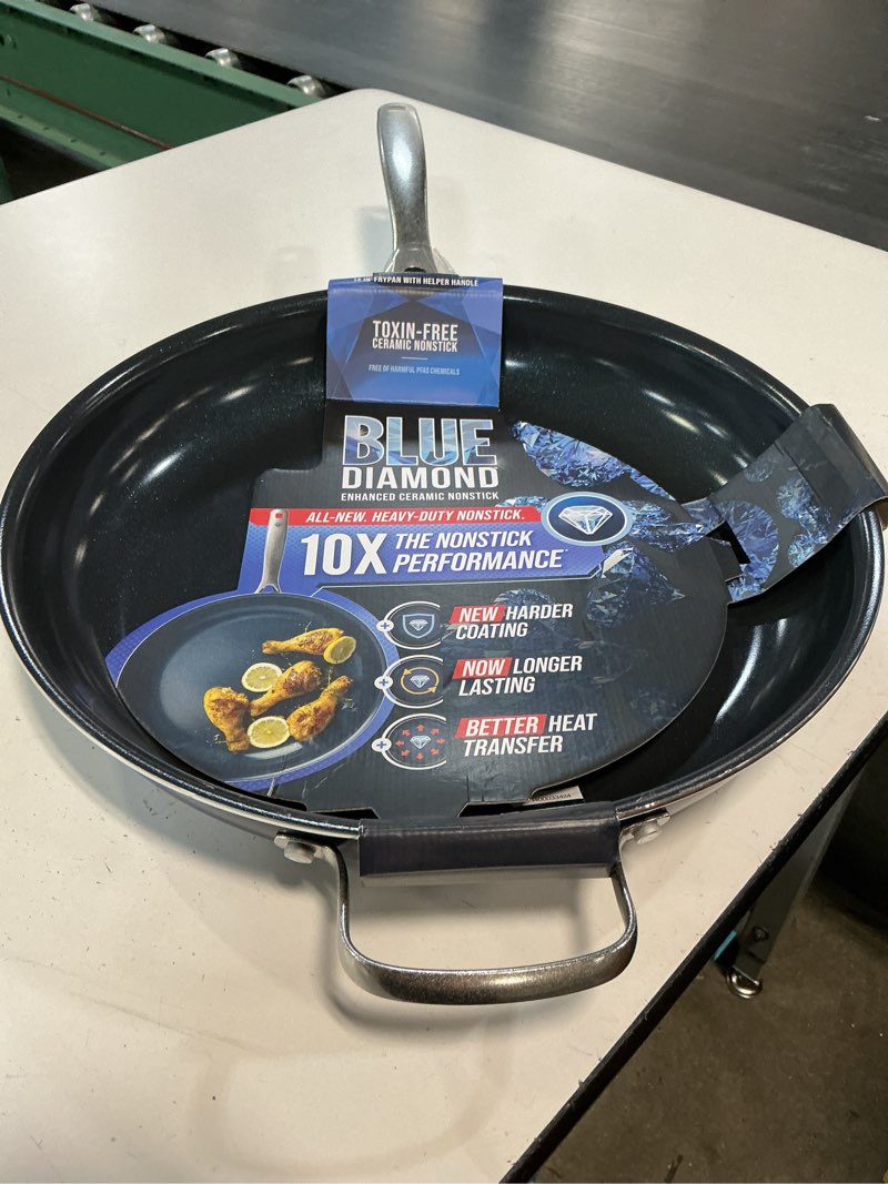 Condition photo showing New/Like New for blue diamond 14" diamond infused ceramic nonstick frying pan skillet | pfas-free ceramic nonstick jumbo pan with helper handle, dishwasher & oven safe, durable metal utensil safe, egg pan, blue 14" frying pan skillet