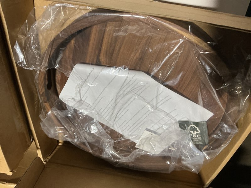 Condition photo showing Good Condition for 16 inches extra large round black walnut wood ottoman tray with handles, serve tea, coffee or breakfast in bed, classic circular wooden decorative serving tray 16"