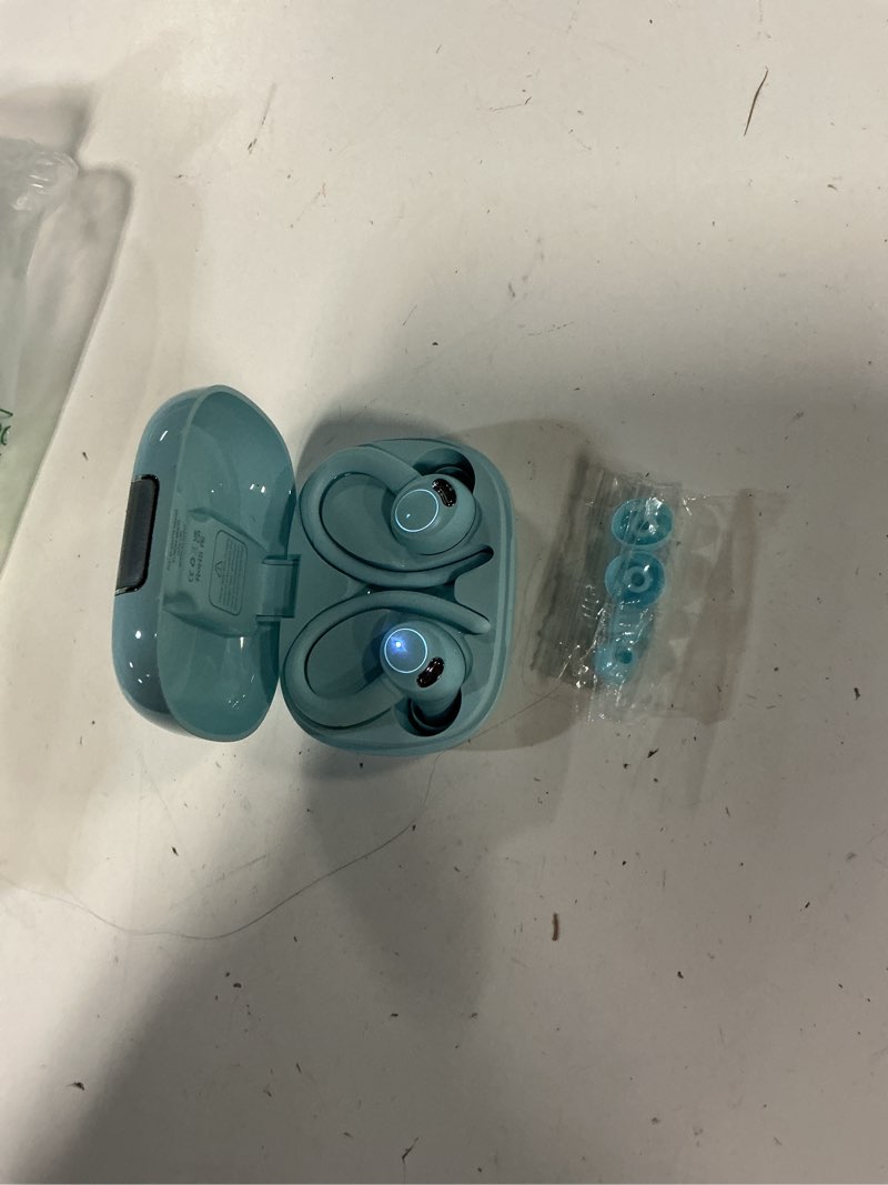 Condition photo showing Good Condition for ( missing cable) wireless earbuds bluetooth 5.3 headphones sports, 48h earphone with enc mic, stereo deep bass bluetooth earbuds with secure earhooks, led display, ipx7 waterproof over ear buds for running misty blue