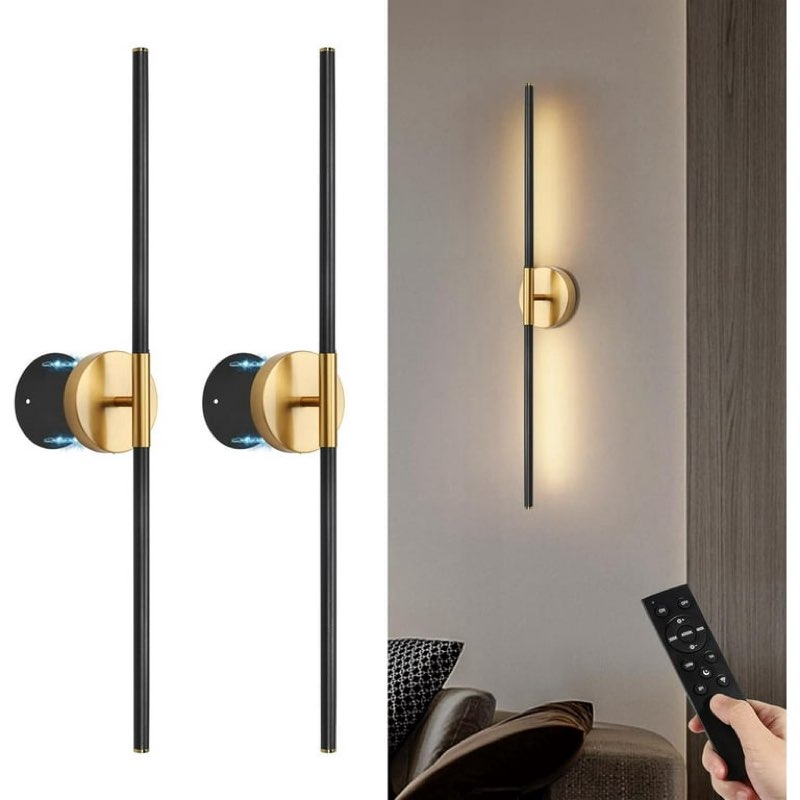 Battery Operated Wall Sconces Set of Two, 360°Rotate Wireless Wall Sconces with Remote Control Dimmable Timing, Black Gold Rechargeable Modern Decor Lights for Hallway Living Room, 31.5 Inch