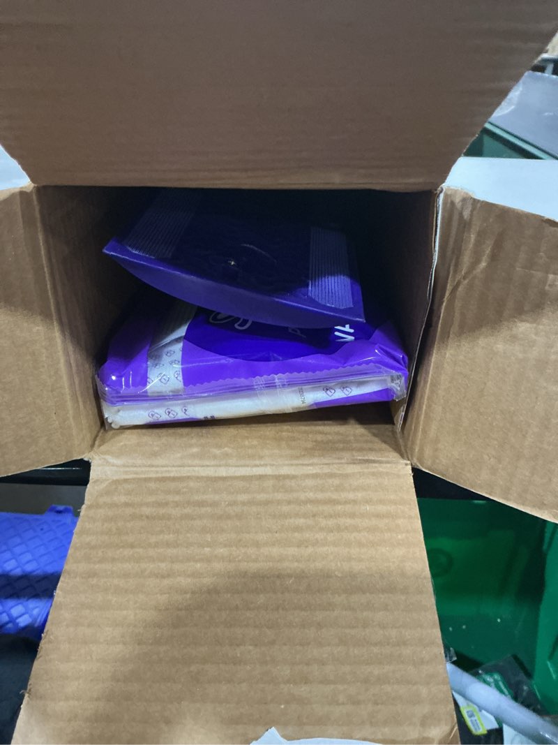 Condition photo showing As Is for swiffer powermop multi-surface mop kit for floor cleaning, fresh scent, mopping kit includes powermop, 2 mopping pad refills, 1 floor cleaning solution with fresh scent and 2 batteries purple and white
