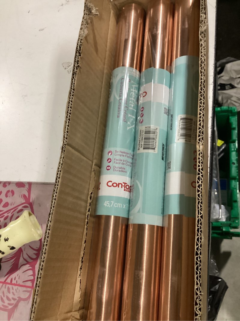 Condition photo showing New/Like New for con-tact brand metal fx self-adhesive vinyl shelf and drawer liner, 18-inches by 6-feet, faux brushed copper, 6 rolls 6 rolls brushed copper