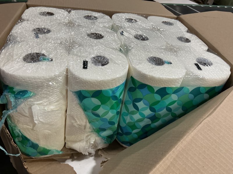 Condition photo showing As Is for amazon brand - presto! flex-a-size paper towels, 158 sheet huge roll, 12 rolls (2 packs of 6), equivalent to 38 regular rolls, white 6 count (pack of 2) white