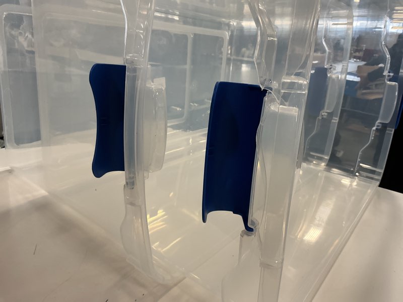 Condition photo showing As Is for HOMZ 2 Pack, Large Clear Plastic Storage Bins w/Latching Lids, 112 Quart, Blue