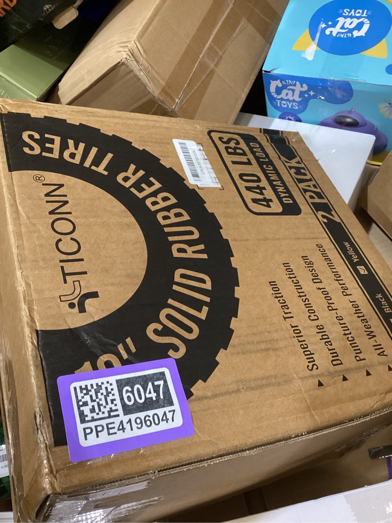 Condition photo showing New/Like New for ticonn 4.00-6 tire and wheel flat free, 2 pack 13" solid tires with 5/8" axle bore hole and double sealed bearings, perfect for wheelbarrow, garden cart, wagon, dolly (yellow, 2pk) 13" 2pk yellow