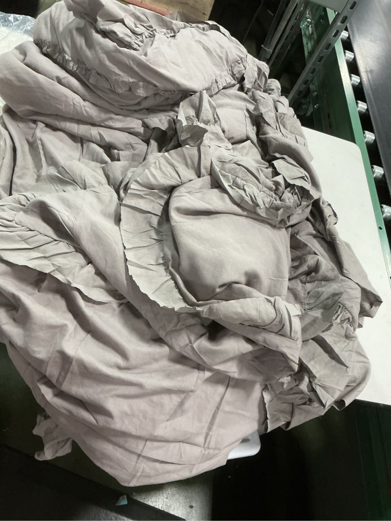 Condition photo showing Good Condition for Litanika Light Coffee King Size Comforter Set, 3 Pieces Ruffle Farmhouse Aesthetic Bedding Comforter Set, All Season Soft Lightweight Fluffy Microfiber Bed Set(104x90In Comforter, 2 Pillowcases) Light Coffee King (104"x90")