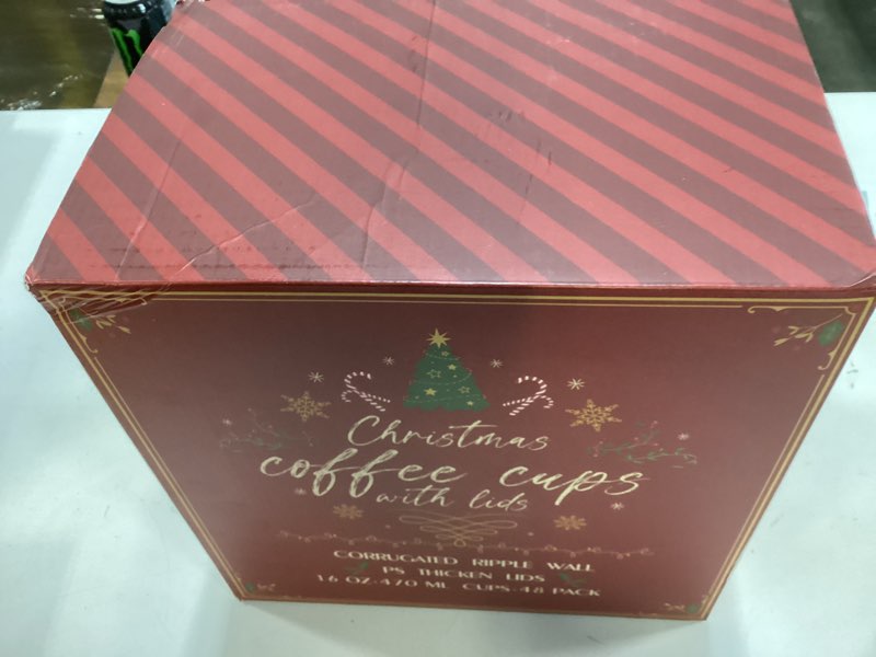 Condition photo showing New/Like New for 16 oz Christmas Disposable Coffee Cups with Lids, Christmas To Go Coffee Cups, Insulated Ripple Double-Walled Paper Cup for Hot Cocoa, Hot Chocolate, Drinks Supplies, Xmas Dinner Party (48 Pack) Christmas-four style 16 once