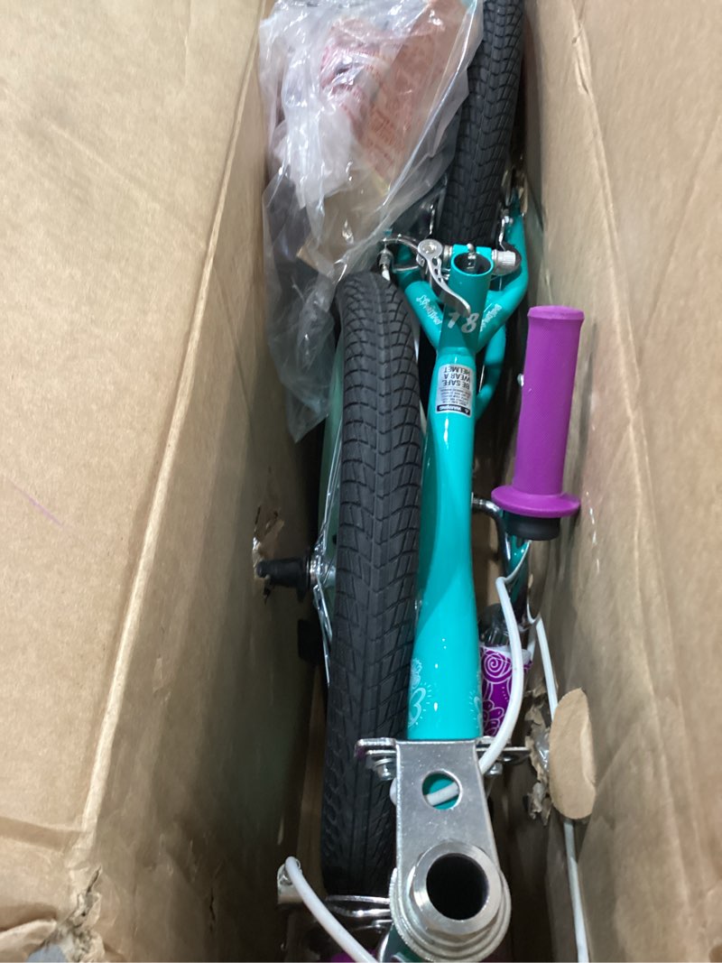 Condition photo showing Good Condition for schwinn elm bike, 18 inch bike for kids ages 5-9, smartstart ergonomic design for kids, adjustable seat grows with your child, rear coaster brake and front caliper brake, training bicycle