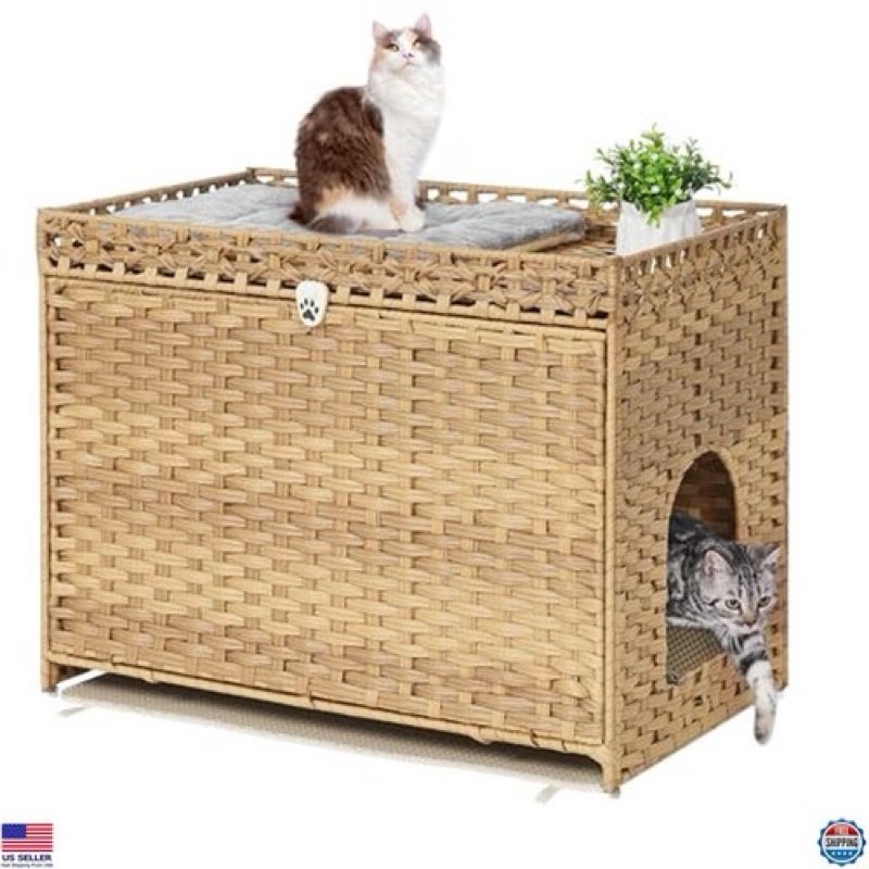 Cat Litter Box Enclosure with Soft Mat, Hidden Washroom Furniture, Rattan House