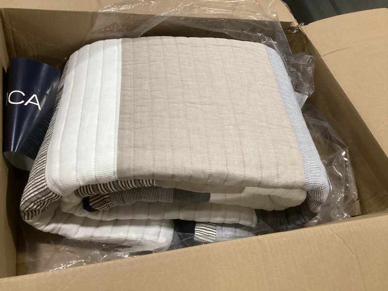 Condition photo showing As Is for nautica - queen quilt set, cotton reversible bedding with matching shams, bedding set for all seasons (tideway tan/grey, queen)