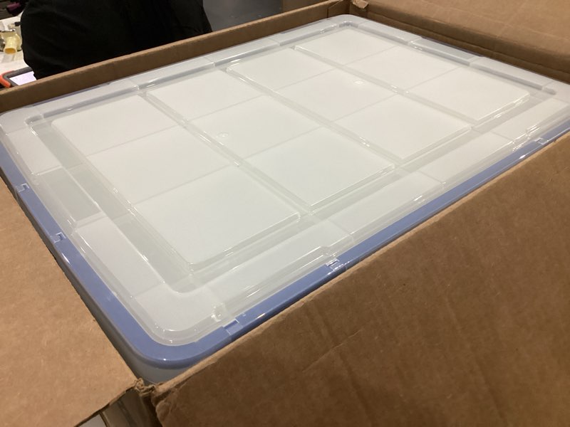 Condition photo showing As Is for iris usa 60 quart weatherpro plastic storage box with durable lid and seal and secure latching buckles, 3 pack, weathertight, keep pest dust and moisture out, for oversized bulky items, clear/blue 60 qt. - 3 pack
