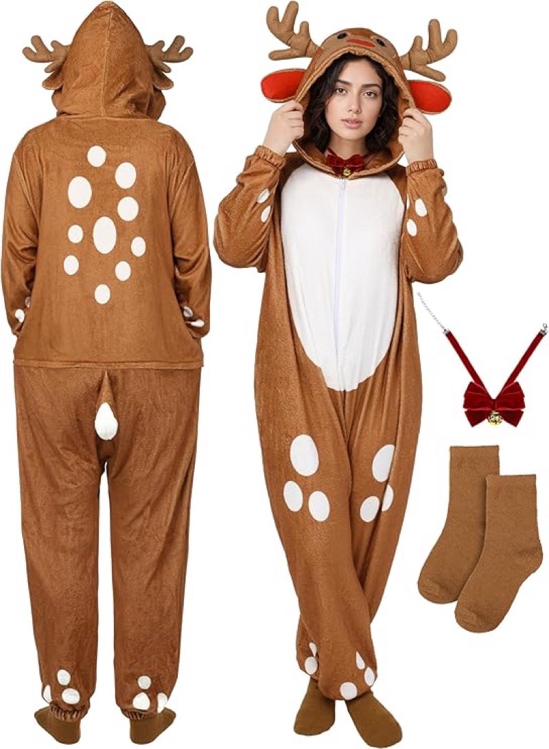 SOMSOC Christmas Reindeer Adult Costume Unisex Deer Animal Onesie Pajamas Jumpsuit