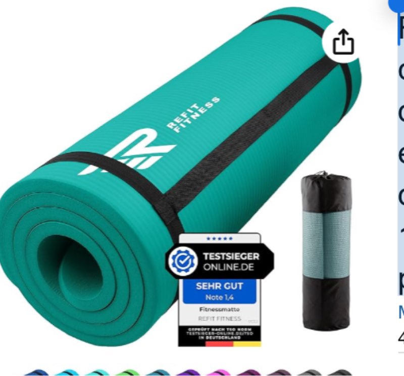 ReFit, tappetino fitness in 7 colori, 1,5 cm, antiscivolo, non danneggia le articolazioni, extra spesso e morbido, dimensioni 183 cm x 61 cm x 1,5 cm, con pratico cordino per il trasporto