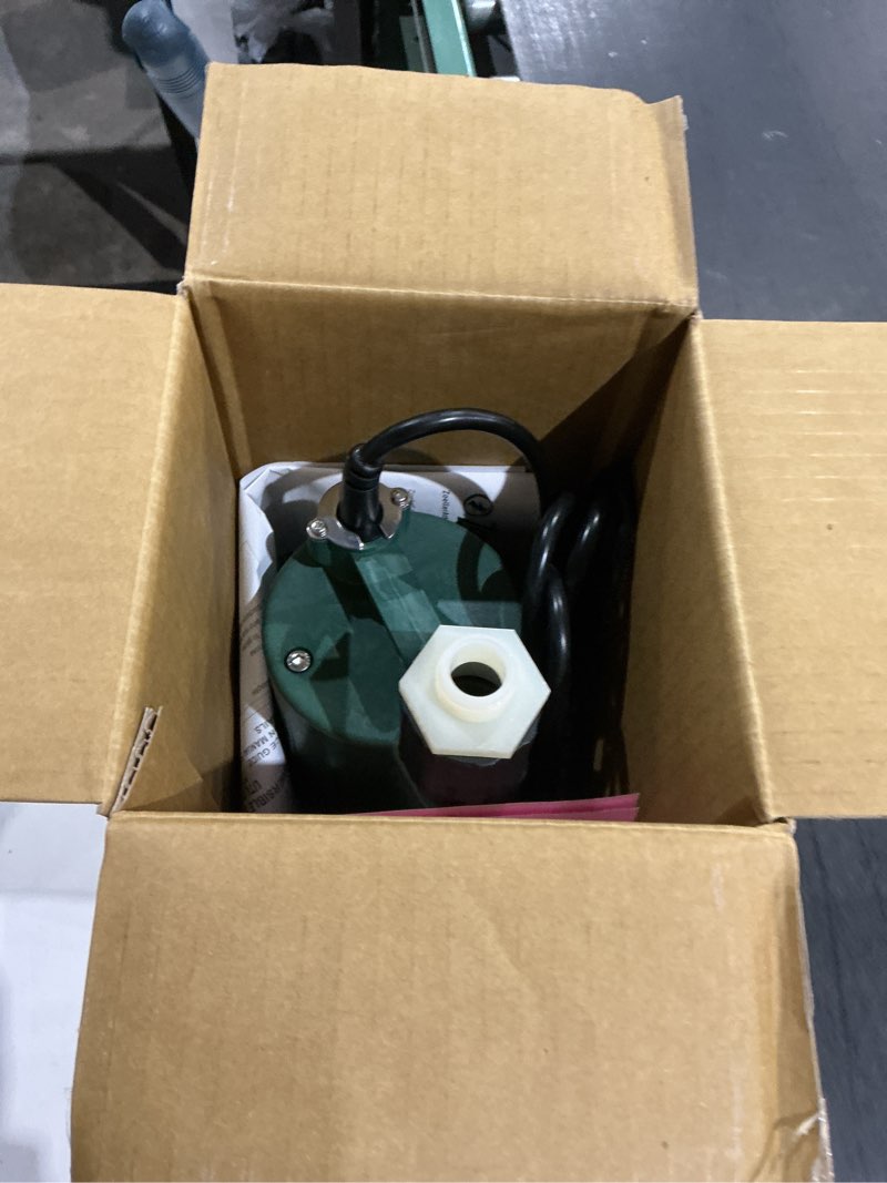 Condition photo showing As Is for zoeller 1/3 hp 2100 gph thermoplastic electronic switch bottom ac submersible utility pump