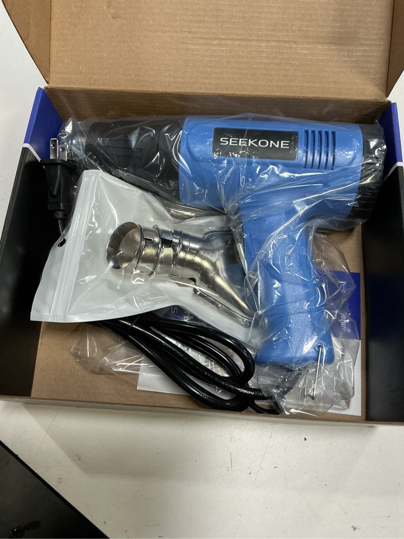 Condition photo showing New/Like New for SEEKONE Heat Gun, 1800W Heavy Duty Hot Air Gun Kit Dual-temperature Setting 572?&1112?, Hot Heat Gun with Overheat Protection, 4 Nozzles Included, for Shrinking PVC, Stripping Paint, Crafts (5.2ft)