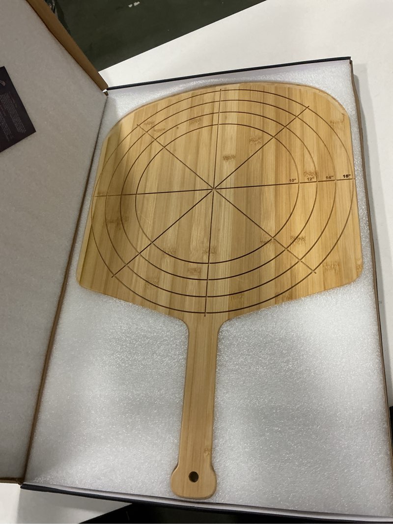 Condition photo showing New/Like New for Loftern Wooden Pizza Peel 16 Inch Board with Engraved Sizes - Multi-Purpose Bamboo Pizza Cutting Board, Wood Pizza Peel, Pizza Spatula Paddle, and Serving Board with Size and Cutting Guide Natural(16 inch)