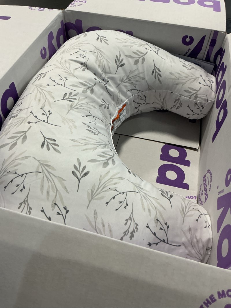 Condition photo showing Good Condition for Boppy Nursing Pillow - Firm, Ergonomic U-Shaped Bottle and Breastfeeding Pillow with High Lift for Comfort and Support, Spacious Surface - Gray Gentle Leaves New Nursing Pillow Gray Gentle Leaves