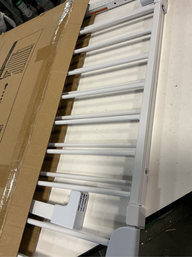 Condition photo showing As Is for cumbor 29.2–43" baby gate for stairs, hardware mounted (drill required), expandable no bottom bar dog gate, auto close extra wide walk thru, pet & toddler proof gate, top & bottom of stairways (white) white hardware mounted only (no bottom bar) 29.2"-43" w x 28" h