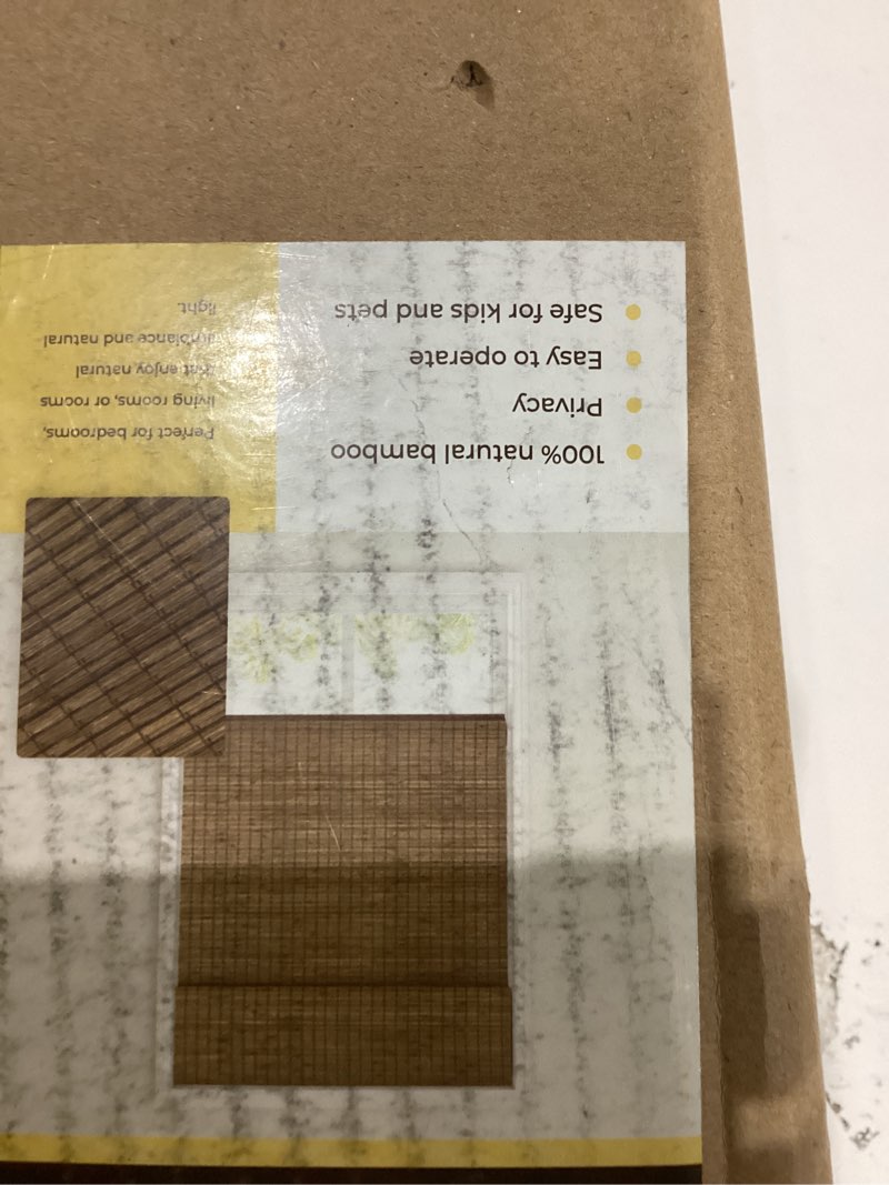 Condition photo showing As Is for Cordless Bamboo Roman Shades for Windows, Blinds Size (27.5" W ×64" H) Colour (Highfield Teak) Highfield Teak 27.5" W × 64" H