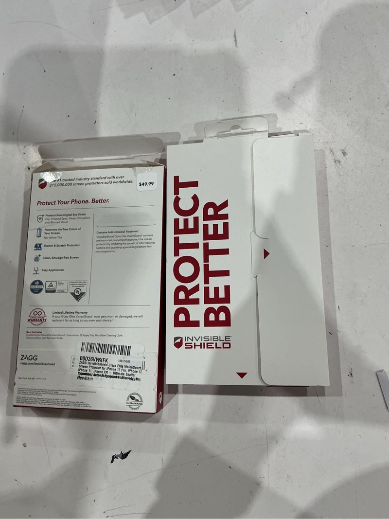 Condition photo showing As Is for zagg invisibleshield glass elite visionguard+ screen protector for iphone 12 pro, iphone 12, iphone 11, iphone xr – ultimate shatter, impact and scratch resistance, blue-light protection, anti-fingerprint technology, easy to install iphone 12 pro/12/11/xr