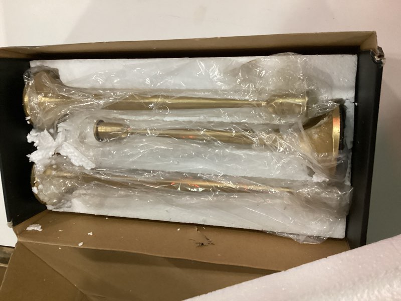 Condition photo showing Good Condition for denique iron taper candle holder set of 3, gold candlestick holders decorative candle stand, tapered candle holders tall set for wedding, dining table, home decoration (gold) gold 12”,14”,15.5”