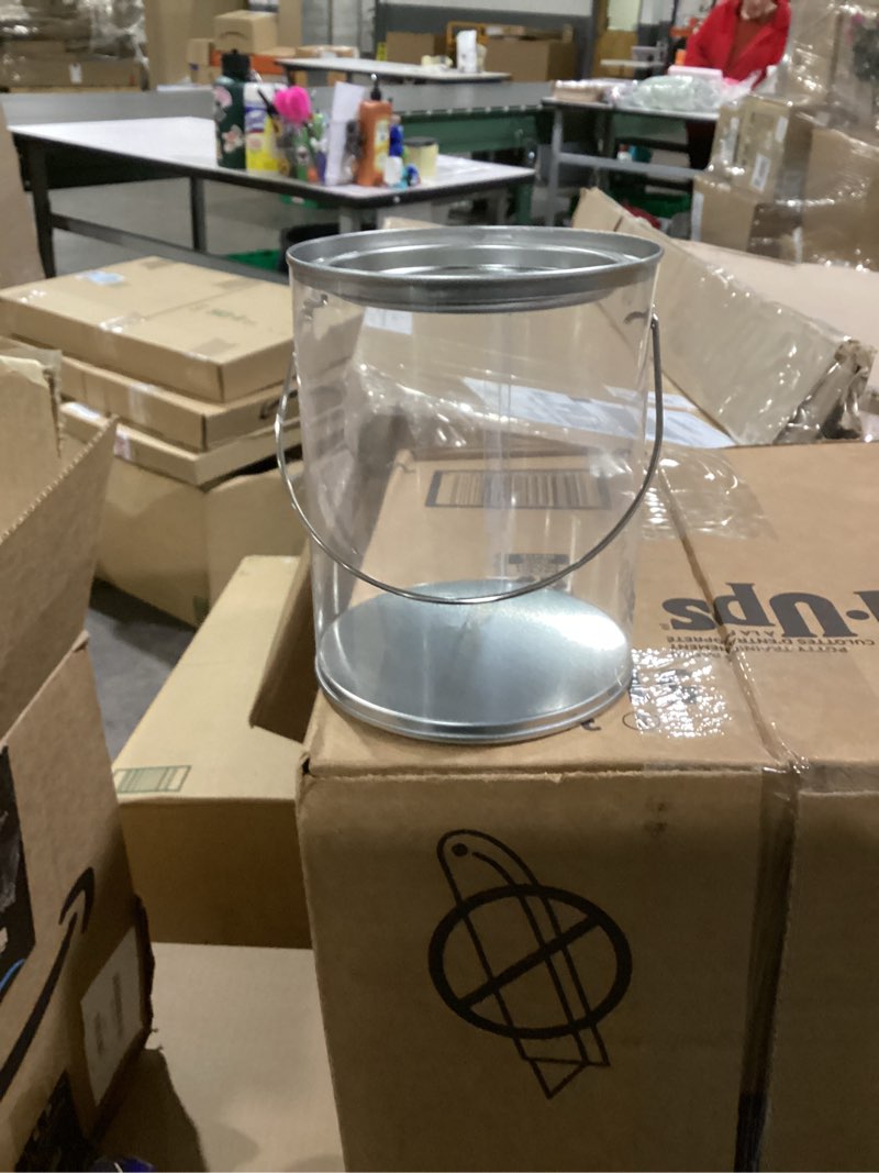 Condition photo showing New/Like New for 24 Pack Clear Paint Cans with Metal Lids, Plastic Empty Storage Bucket Paint Can Containers and Handle for Putting Candy, Party Favors Cans, Decor and DIY Projects (5 Inch Tall) 24 5 Inch Tall