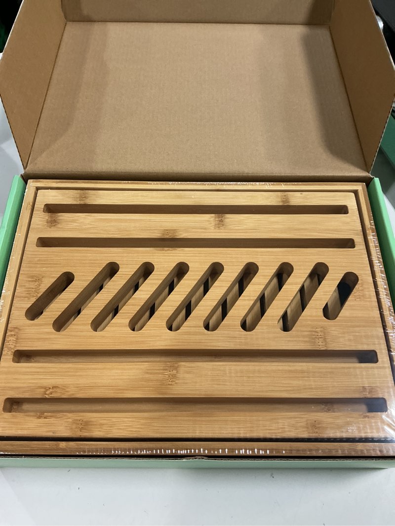 Condition photo showing New/Like New for Adjustable bread loaf slicer + bread slicer guide for sourdough; sandwich bread slicer, butter cutter and spreader knife + foldable design, crumb tray, non-slip base, compact storage