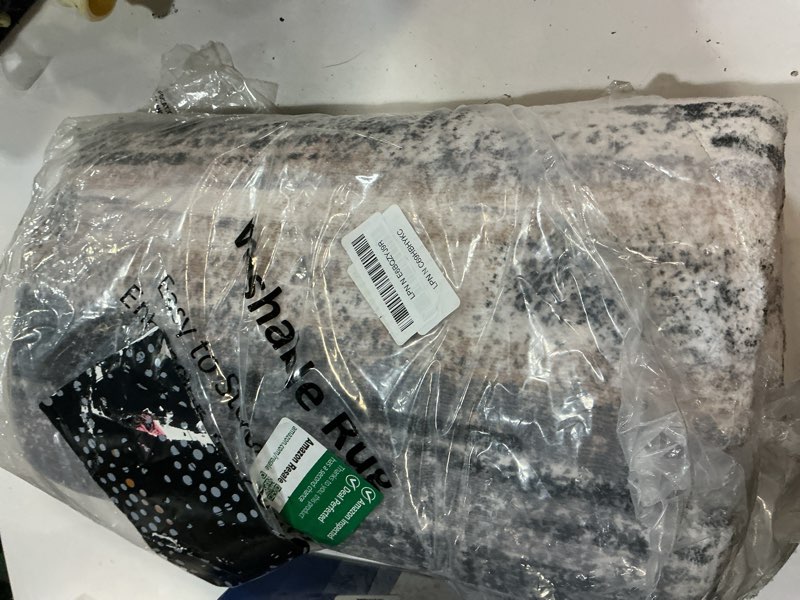 Condition photo showing As Is for lansny modern abstract runner rug 2.6x8, grey black multi washable kitchen runner non-slip soft hallway rug runner thin print faux wool carpet for entryway bedroom laundry room indoor home decor 2'7" x 8' (runner) grey navy blue black cream tan
