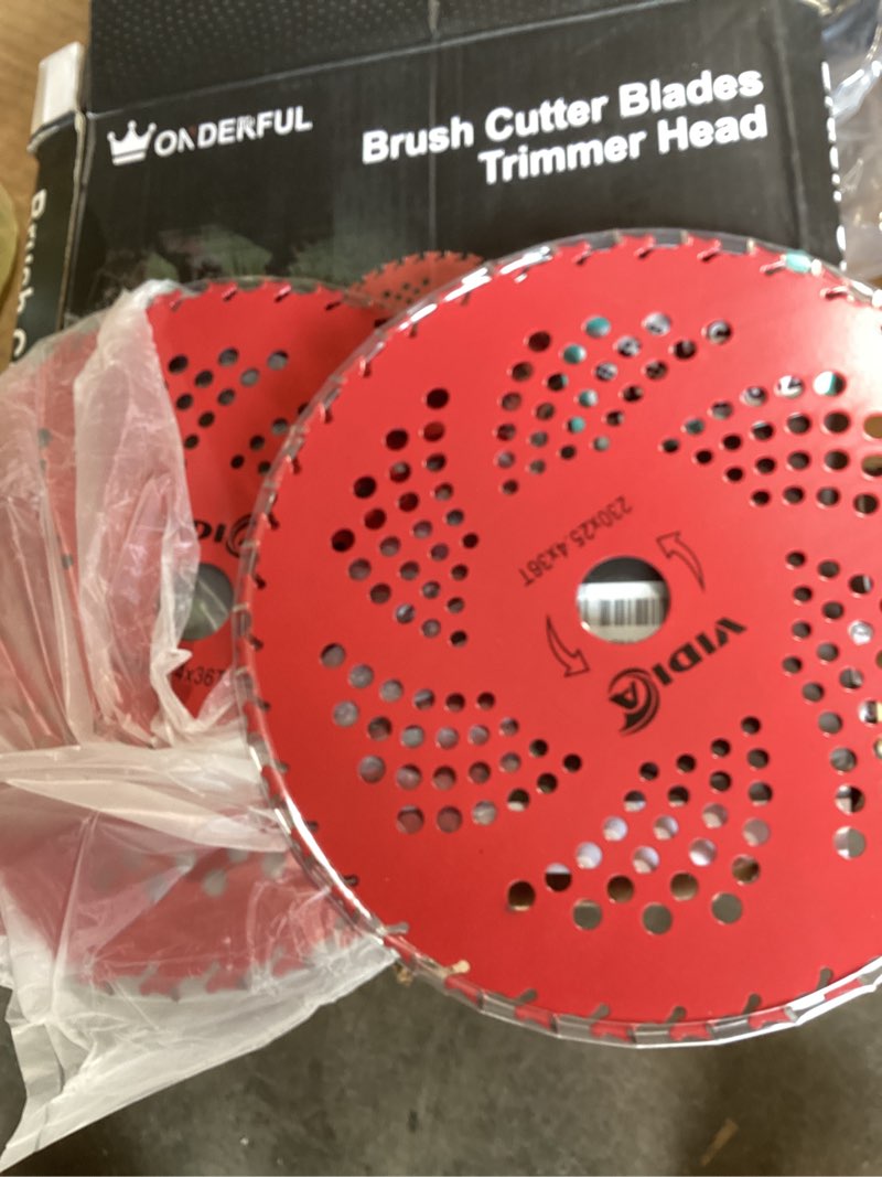 Condition photo showing New/Like New for vidica 2 pack 9" x36 teeth carbide tipped weed eater blades, brush cutter blades with universal adapter kit for trimmers, brush cutters, weed eaters