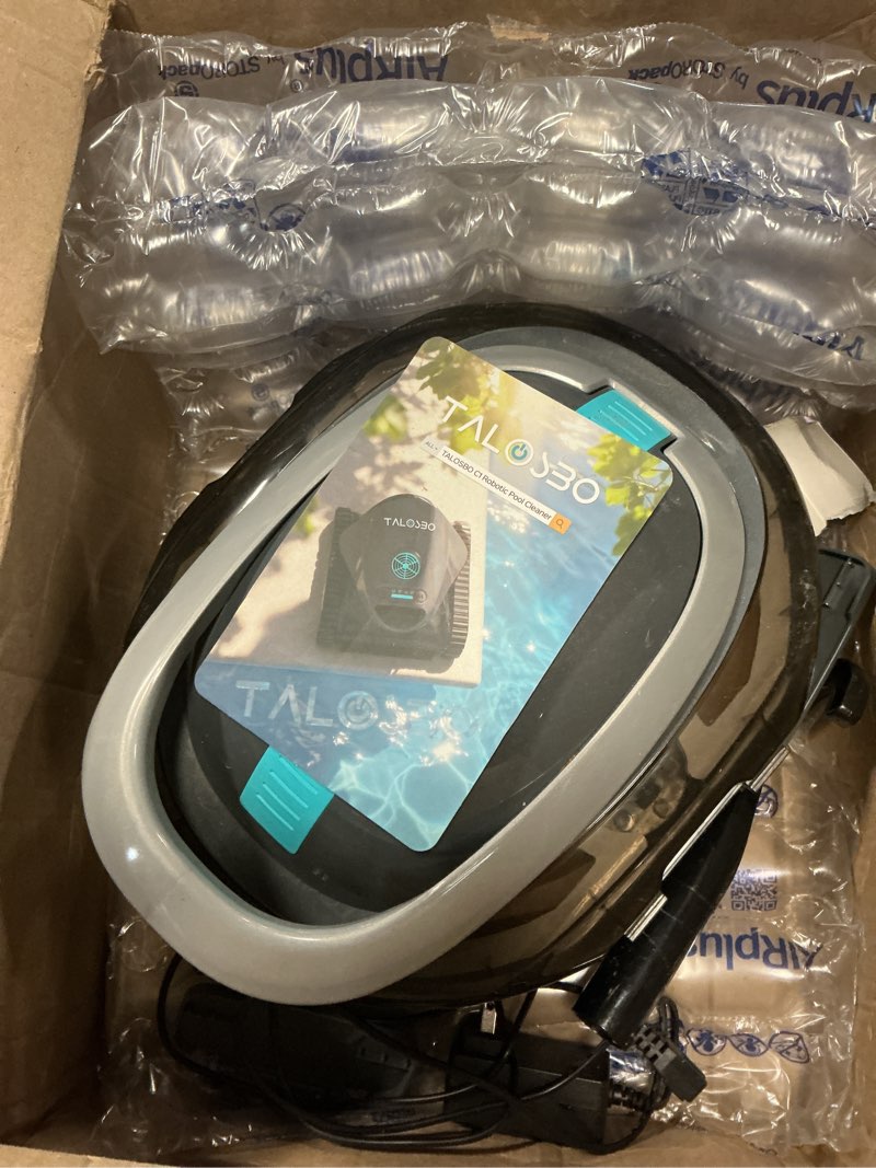 Condition photo showing As Is for cordless robotic pool cleaner with remote control, pool vacuum for above & in-ground pool with 90 mins runtime, self-parking,fast charging, ideal for above ground pools up to 850 sq.ft green