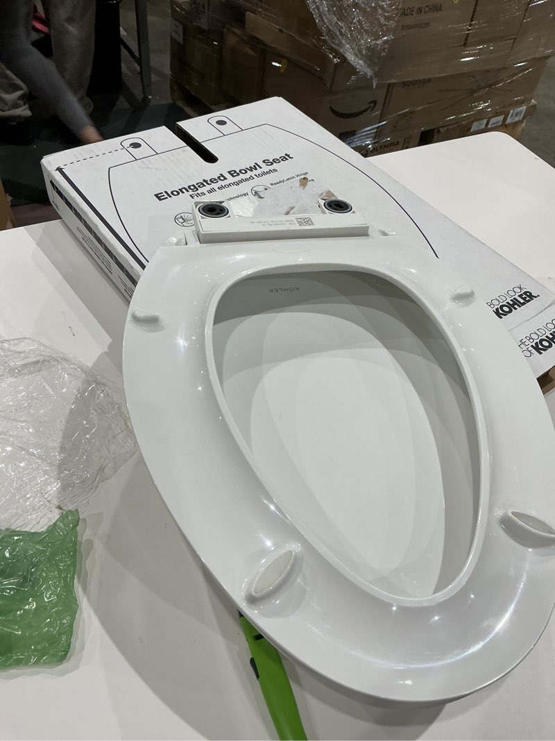 Condition photo showing As Is for kohler k-26801-0 impro readylatch quiet close elongated toilet seat, white toilet seat, grip-tight bumpers, new home essentials, slam prevention