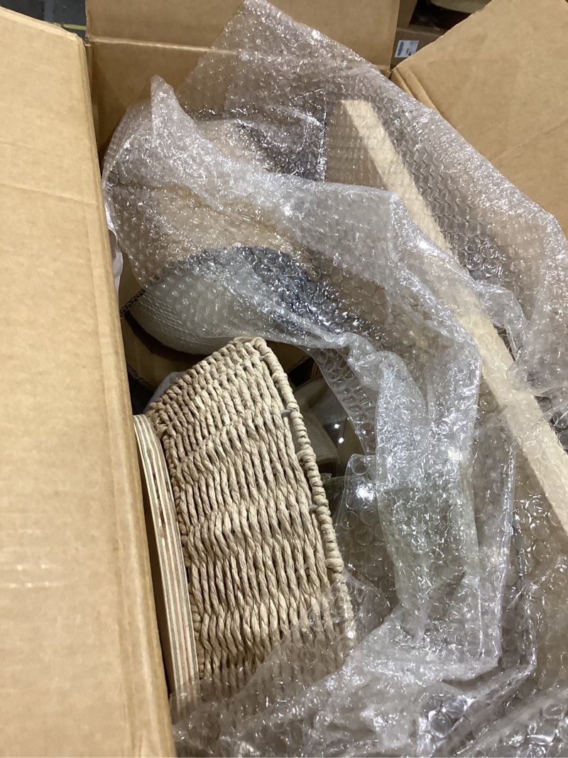 Condition photo showing As Is for HITTITE Solid Wood Cat Tree Tower with Scratching Post, 36.6 Inches Tall Cat Towers with Scratching Board and Scratcher Ball, Modern Cat Tower With Space Capsule and Hand-Woven Basket for Indoor Cats. White Handwoven Basket