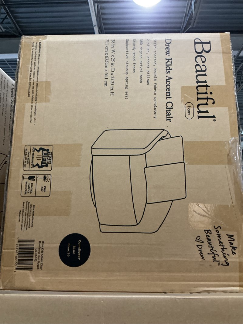 Condition photo showing New/Like New for beautiful drew kids accent chair by drew barrymore, cornflower blue bouclé fabric